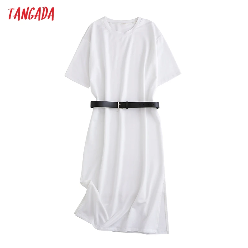 Tangada 2021 Women Elegant 95% Cotton Sweatshirt Dress Oversized Short Sleeve Side Open Ladies Midi Dress 6L60