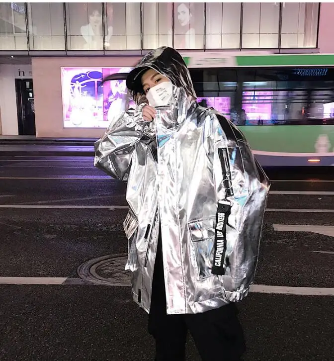S-XXL! Мужская Глянцевая кожаная куртка в стиле хип-хоп для ночного клуба, сценический костюм, серебряная куртка с капюшоном, красивая мужская одежда