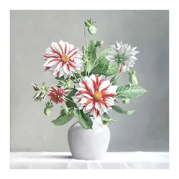 

White & red Dahlia Flowers arrangement in vase Diamond Painting Round Full Drill Floral DIY Mosaic Embroidery 5D Cross Stitch