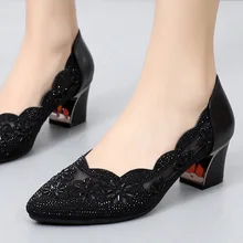  Spring Summer Fashion Hollow Out Genuine Leather Pumps Women Shoes Med Heels Square Heel Mesh Ladies Office Shoes Crystal AD299 