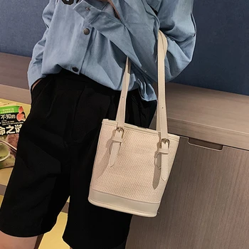 

Vintage Luxury Handbags Women Bucket Tote Bags Designer PU Leather Straw Handbags Ladies Solid Soft Shoulder Bag Panelled Pack