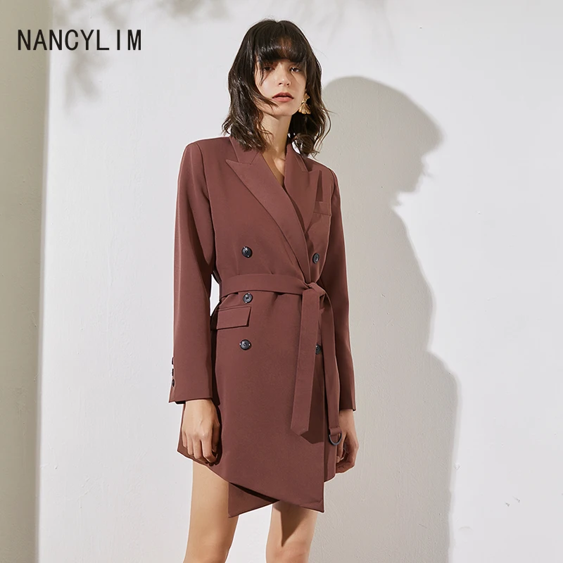 

New Lapel Double-breasted Lace-up Waist Asymmetrical Temperament Blazer Trench Coat Women Dress Lady Dresses Spring Autumn