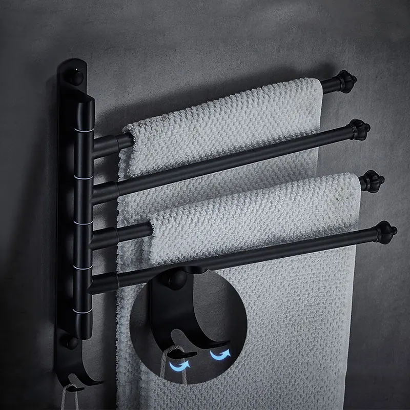 Stainless Steel Bathroom Swivel Towel Bar Hanger 4 Arm Swing Towel Rack With Hook Wall-Mounted Bathroom Storage Rack