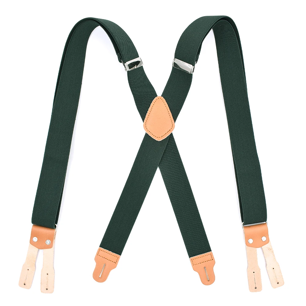 Army Green Leather Suspenders Braces For Men Button End X Back