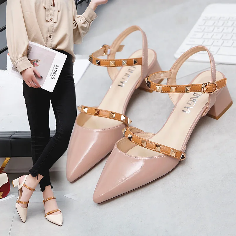 

2019 New Style Chunky-Heel Low-Cut Closed-toe Sandals Women's Rivet Straight-line Buckle High-heeled Shoes Versitile Fashion Poi