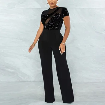 Sexy Black Jumpsuits for Women 2021 New Arrivals Autumn Winter Sequined Short Sleeve Bodycon High Waisted Elegant Evening Cloth 1