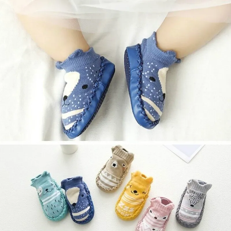 Носки для маленьких девочек и мальчиков детские теплые нескользящие носки-тапочки из искусственной кожи с героями мультфильмов хлопковые осенне-зимние носки для малышей