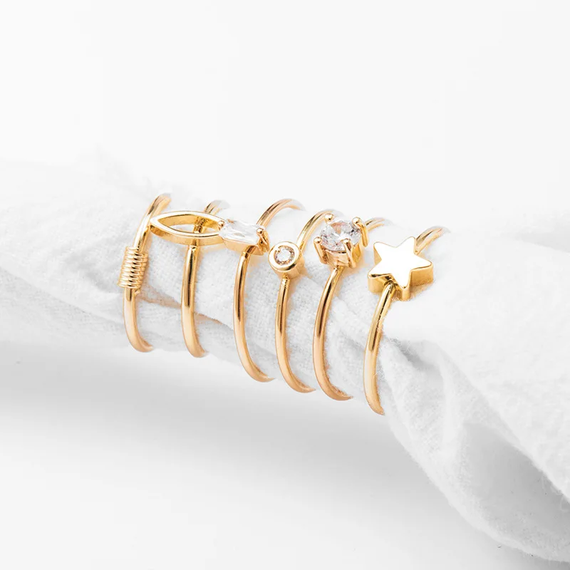 

6pcs/set Eco-friendly Minimalist Gold Silver Color Star Diamond Geometric Twisted Wire Finger Ring Sets For Women Gold Ring
