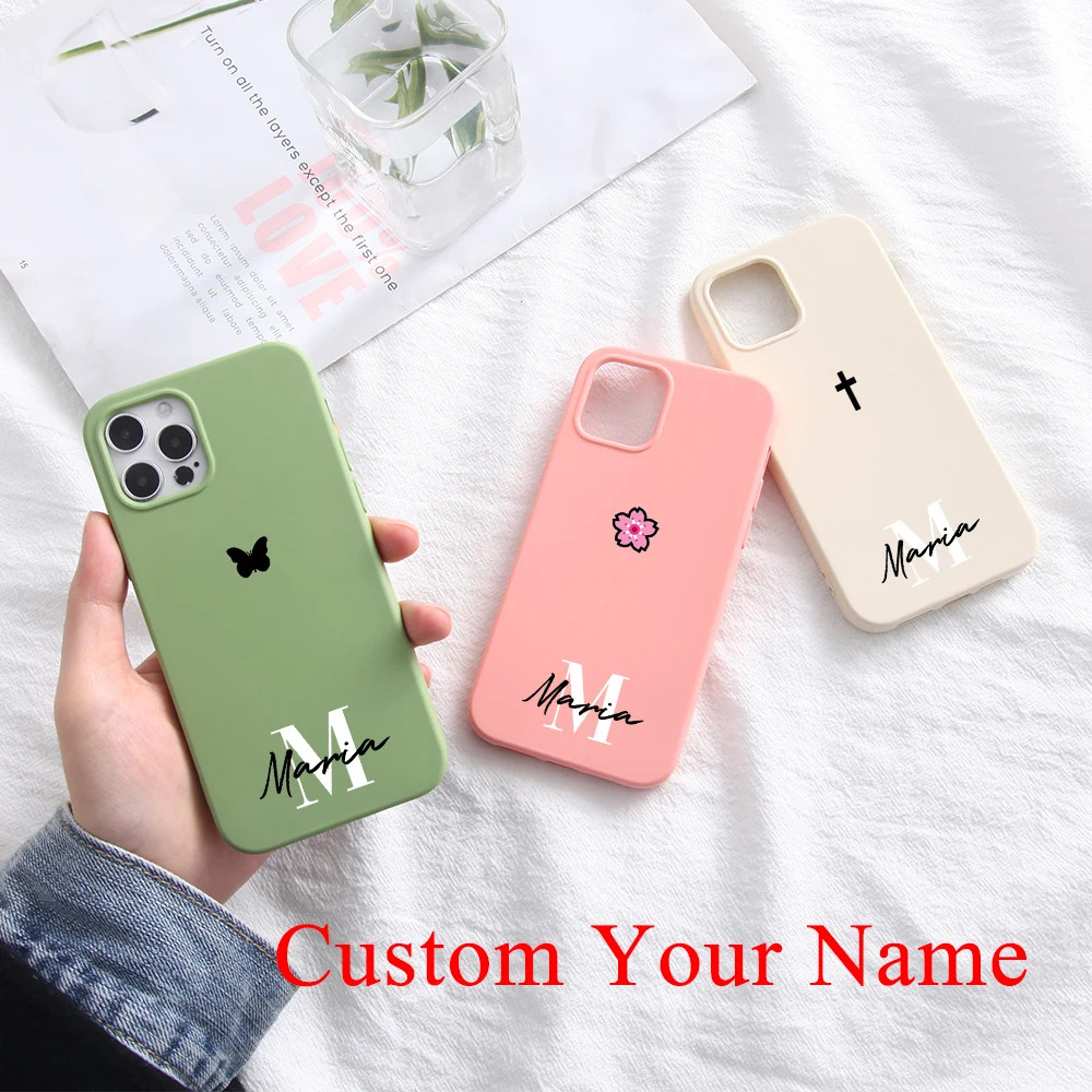 

Personalized Love Heart Name Flowers Phone Case for iPhone 13 12 11 Pro Max 7 8 Plus SE High Quality Soft Silicone Custom Cover