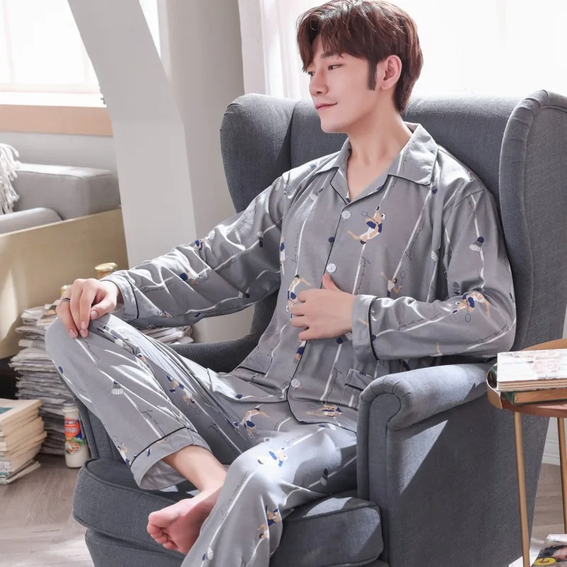 

Men Pajamas Long Sleeve Pure Cotton Spring And Autumn Cardigan Plaid Casual Tracksuit Men's Autumn Set 5636