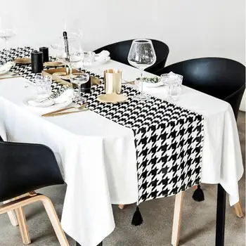 

Nordic Houndstooth Black & White Striped Table Runner for Home Decor Modern Geometric Table Topper Hotel Bed Runner Party Cloth