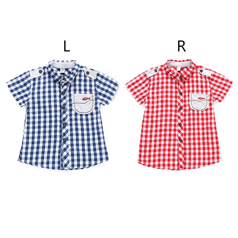 Cute Kids Boys Short Sleeve Casual Blouse Summer Plaid Cartoon Printed Tops Tees Shirts