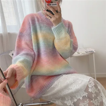 

Autumn Rainbow Sweater Women Casual Korean Style O-neck Loose Sweet Pullover Girl Oversize Tops