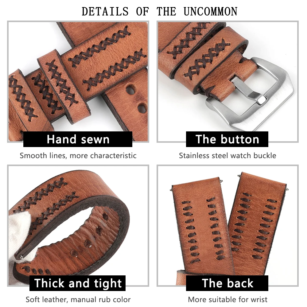 Vintage Handmade Watch Strap 24mm Genuine Leather Watchband Wristband For Men Watch Accessories With Stainless Steel Buckle