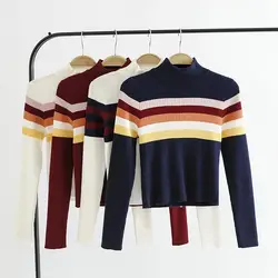 Новый милый Цветной полосатый водолазка женский свитер вязаная одежда топы 2019 осень зима длинный рукав женский свитер