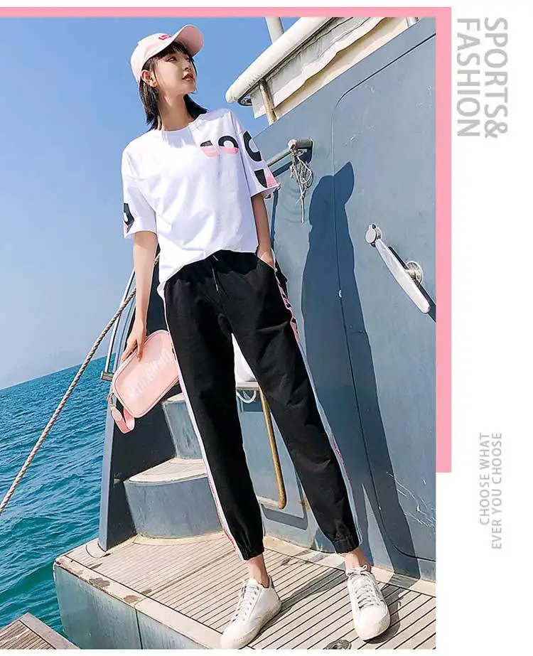 white two piece set 2020 Korean Fashion Women Clothes Tracksuit Two Piece Set Summer Casual Sportswear Ins Suit O-neck Printing T shirt+Harem Pants co ord sets women