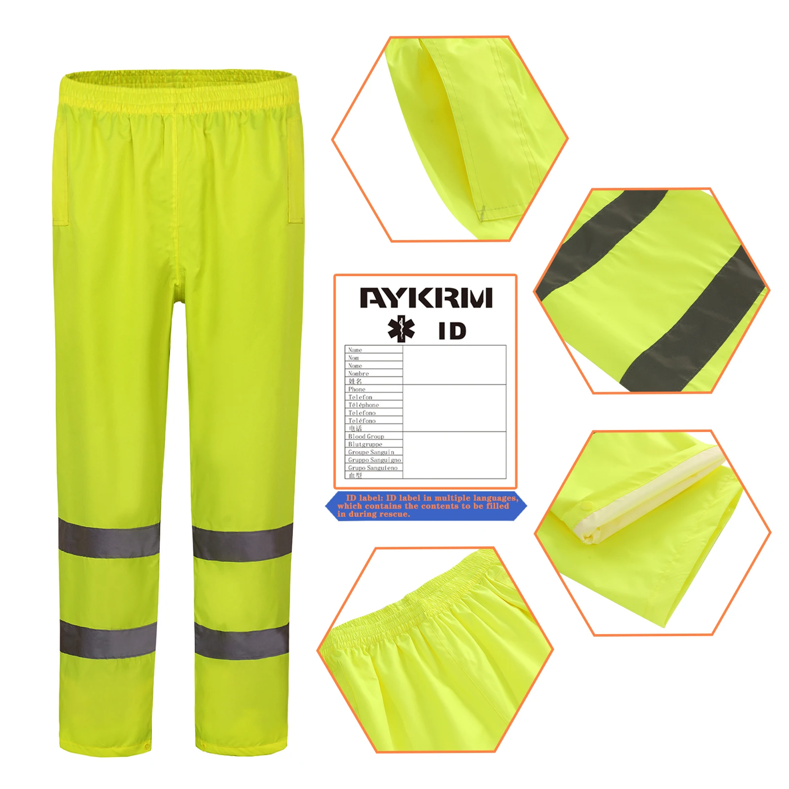 AYKRM HI VIS Reflective Pants Safety Striped Waterproof Windproof Sweatpants Trousers Long Oxford Cycling Hiking Trip