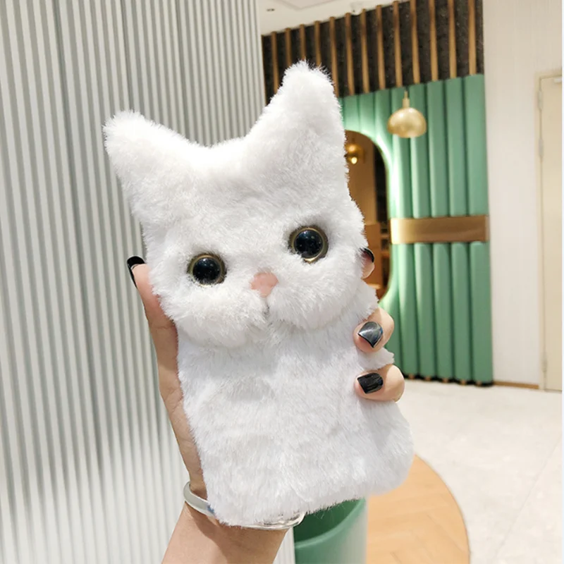 

Women Fluffy kitty warm Plush etui For Xiaomi Redmi 9C 9A 9 Fur Cat camera flip Plush Silicone cover for Xiaomi POCO X3 NFC Case