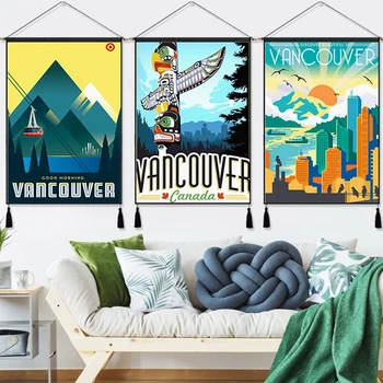 

Visit Vancouver Canada Travel Vintage Hanging Cloth Cotton Line Painting Poster Home Decor Wall Hanging Tapestry Gift