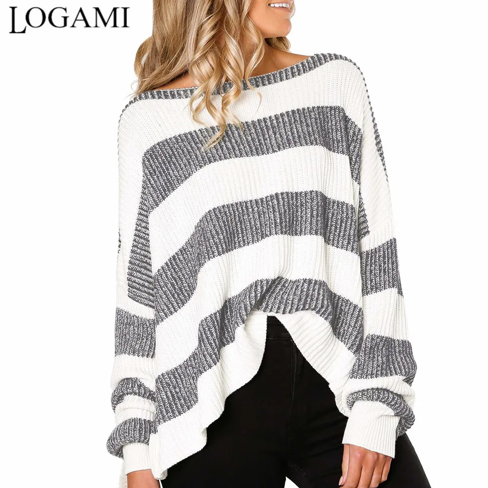 

LOGAMI Colored Stripes Sweater Women Lantern Sleeve Casual Pullovers Female Autumn Winter Warm Sweaters