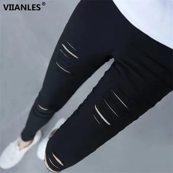 

VIIANLES High Quality Summer White Black Hole Leggings Women's Pencil Pants High Waist Femme For Women Skinny Casual Trousers