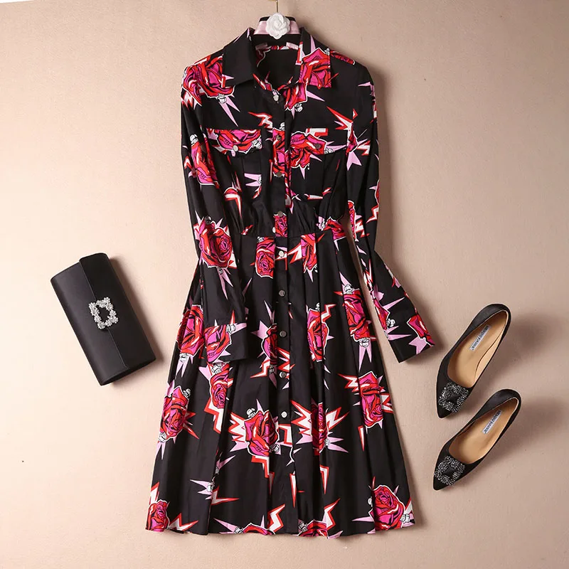 

New 2019 autumn winter elegant rose print cotton dress knee length turn down collar long sleeve shirt dresses red blue