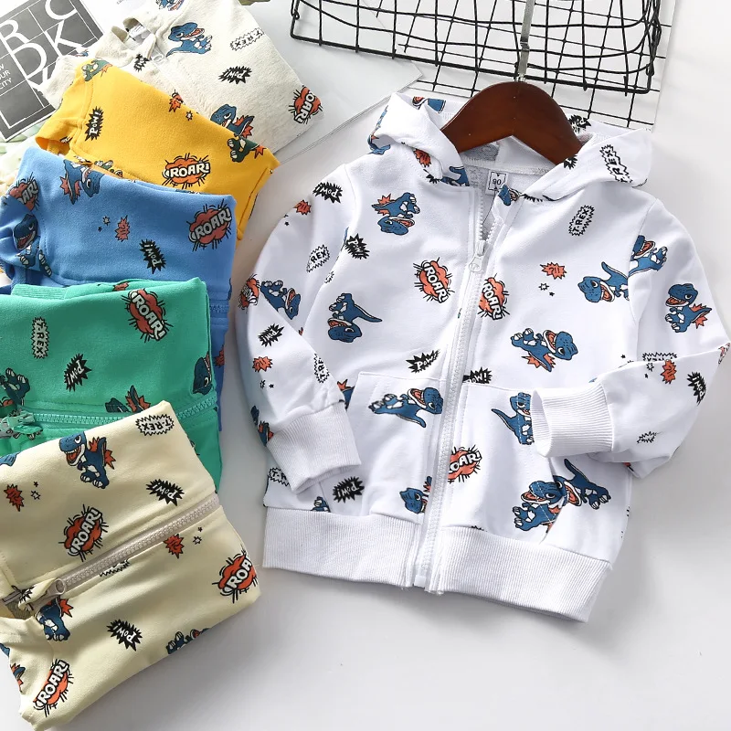 

1172 Cartoon Lettered Dinosaur Printed Child Hoodie Spring Hooded Casual Zip-up Shirt