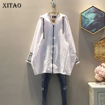 

XITAO Tide Patchwork Letter Black White Jacket Women Clothes Fashion Plus Size Zipper Full Sleeve Hooded Collar Coat GCC1819
