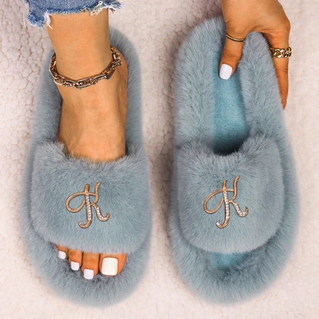 Slippers Women Furry Slides Fashion Rhinestone Letter Fluffy Flip Flops Ladies Winter Slippers Platform Sandals Female Shoes Blue1