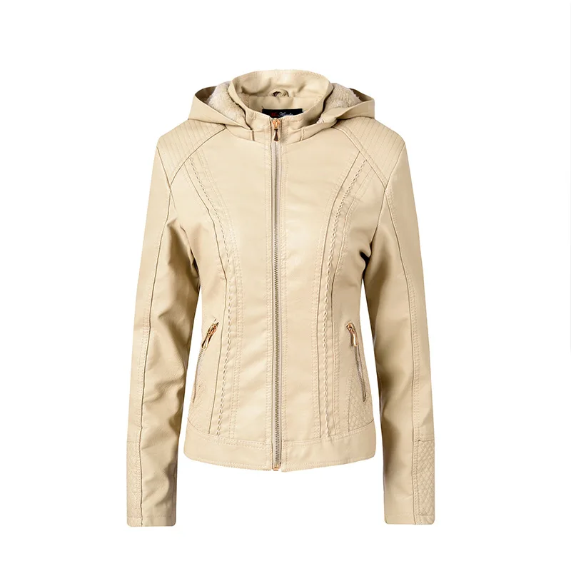 beige Aimsnug однотонная куртка на молнии из искусственной кожи, Женская весенне-осенняя туника, верхняя одежда, женский большой размер, с капюшоном, плюс бархат - Цвет: beige
