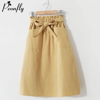 

PEONFLY High Waist Skirts Women Fashion 2020 Spring Summer Midi Skirts Bow Belt Pocket A Line Female Skirts Ladies Yellow Blue