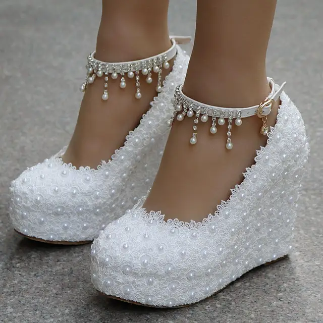 Crystal Queen White Wedges Wedding Pumps Sweet White Flower Lace Pearl Platform Pump Shoes Bride Dress High Heels 1