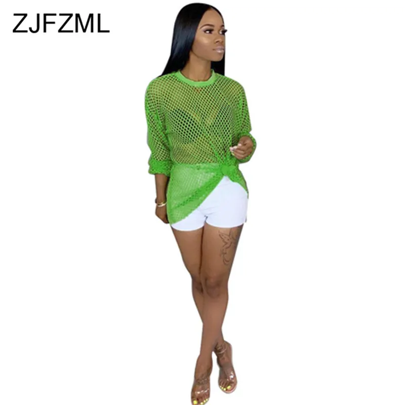 

Sheer Mesh Fishnet Perspective T Shirt Women Sexy Long Sleeve Hollow Out See Through Top Casual Mujer Loose Plus Size Beach Tee