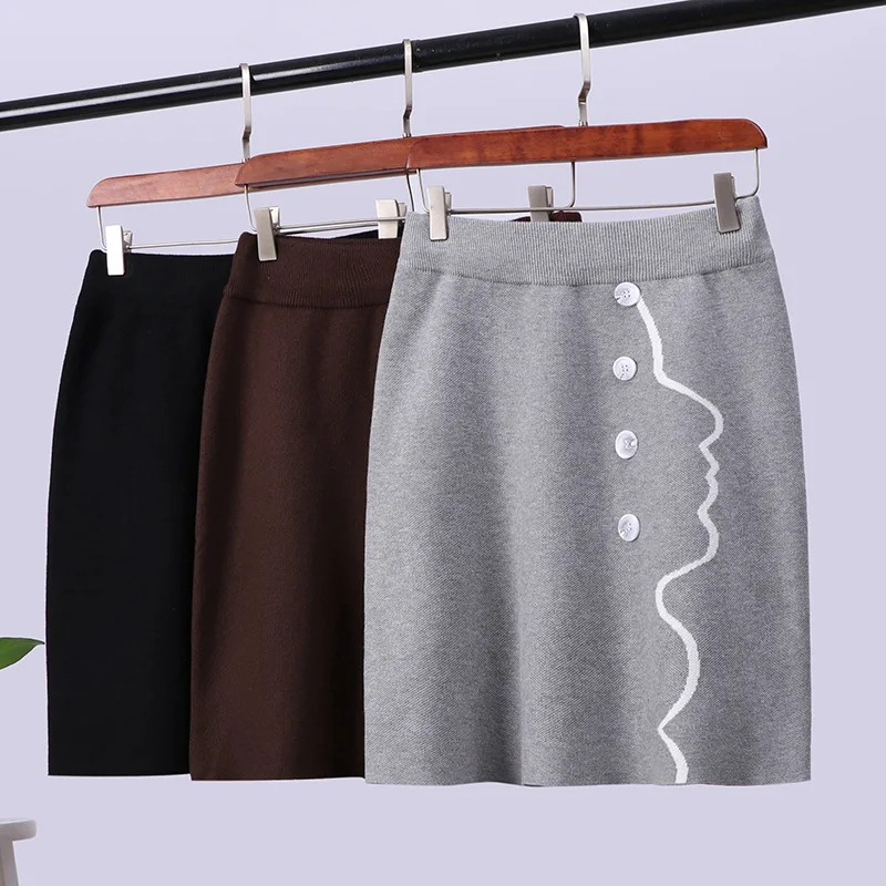 

Mooirue Vintage Women Kintting Mini Skirts Autumn Winter Korean Style Abstract Embroidery Button Straight Casual Short Skirts