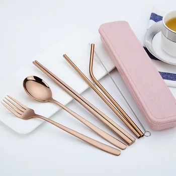 

ortable Reusable Stainless Steel Cutlery Set Metal Straw with Cleaner Brush Rainbow Dinnerware Colored Tableware Set