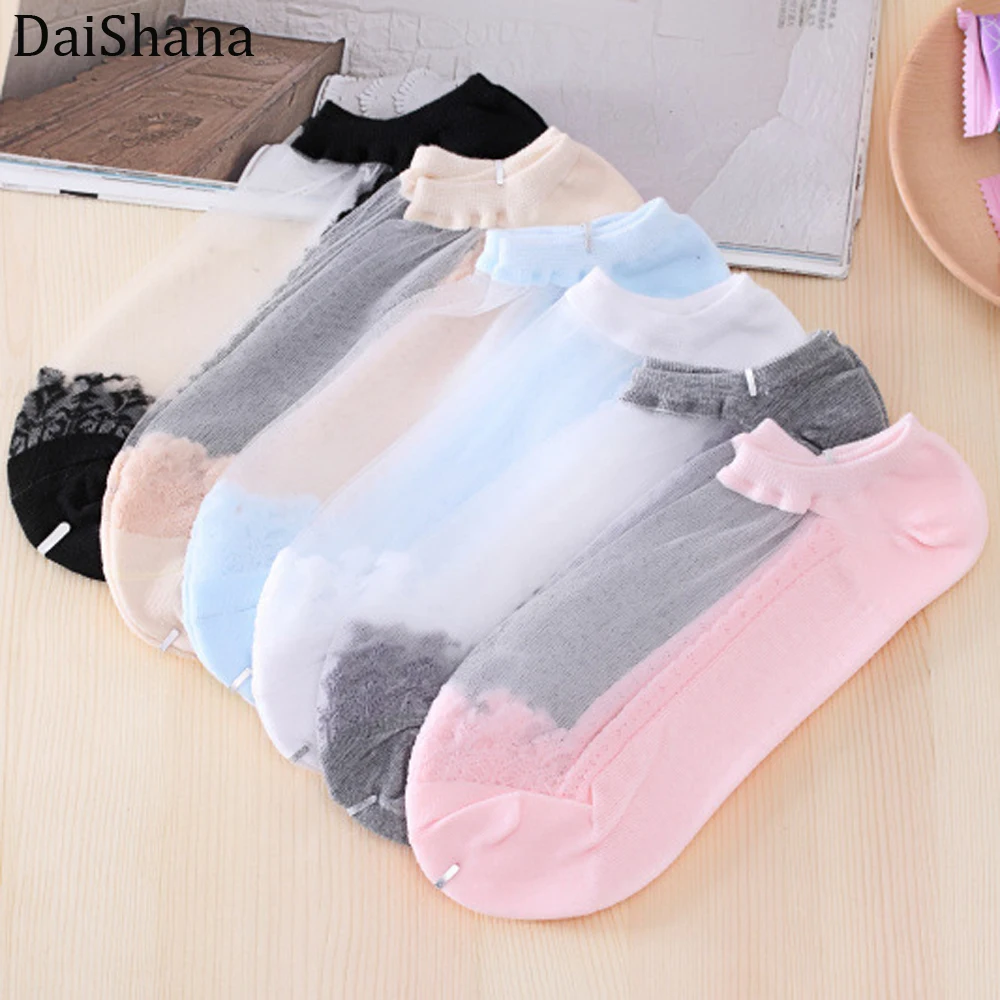

DaiShana Summer Ladies Lace Embroidery Silk Transparent Glass Crytal Stretch Women breathable Short socks hot selling 1 pair.