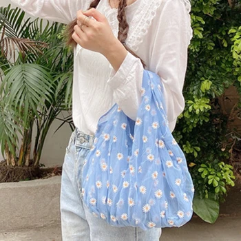

Ladies Small Transparent Tote Bag Mesh Bag Daisy Embroidery Handbag Eco-Friendly Fruit Shopping Bag Purse Girl