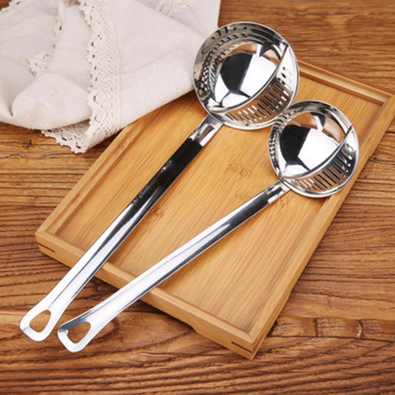 2 In 1 Soup Spoon Long Handle Home Ladle Strainer Stainless Steel Cooking Colander Kitchen Porridge Scoop Tableware Tool