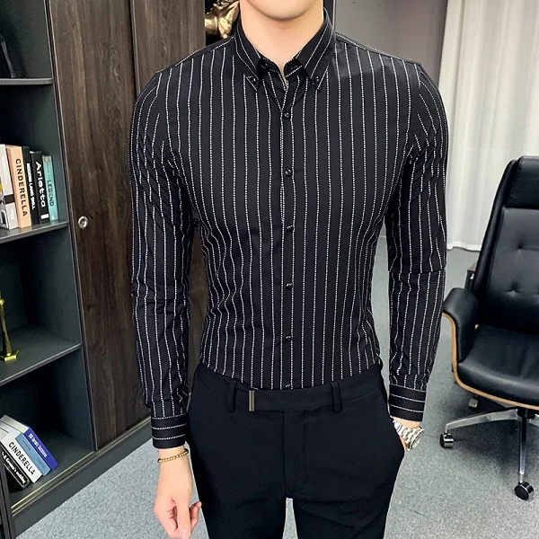 New Men's Luxury Shirts Long Sleeve Slim Fit Striped Dress Shirt Men White Wedding Shirt Camisa Masculina - Цвет: black