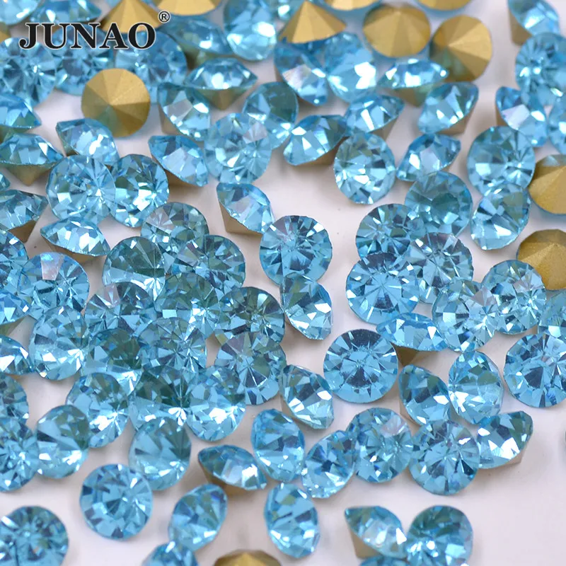 JUNAO SS 6, 8, 10, 12, 16, 20, 30 Aqua Blue Хрустальные Стразы для ногтей с заостренным носком, стеклянные стразы, алмазные круглые хрустальные камни