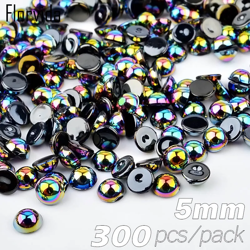 

FlorVida 5mm Pearl Flat Bottom Black Nail Art Decorations AB Color Sharp Bottom Rhinestones 3D Nail Art Decorations