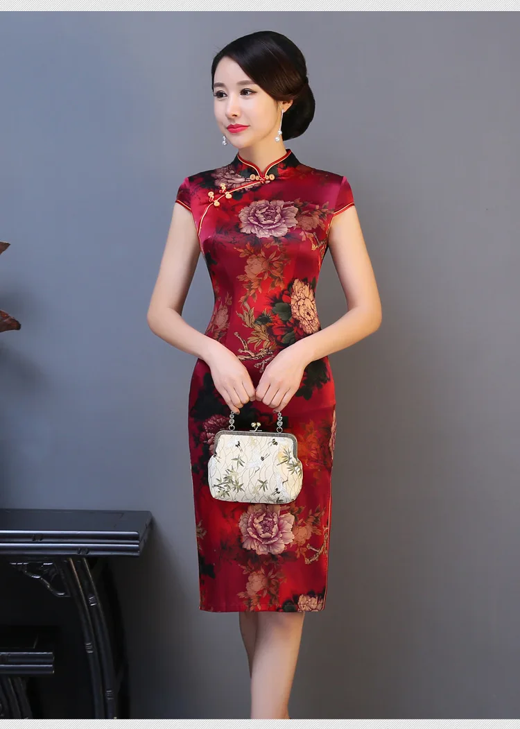 Шелковое женское платье Cheongsam Tang платье Китайский ветер Лето Средний старомодное платье шелк тутового дерева