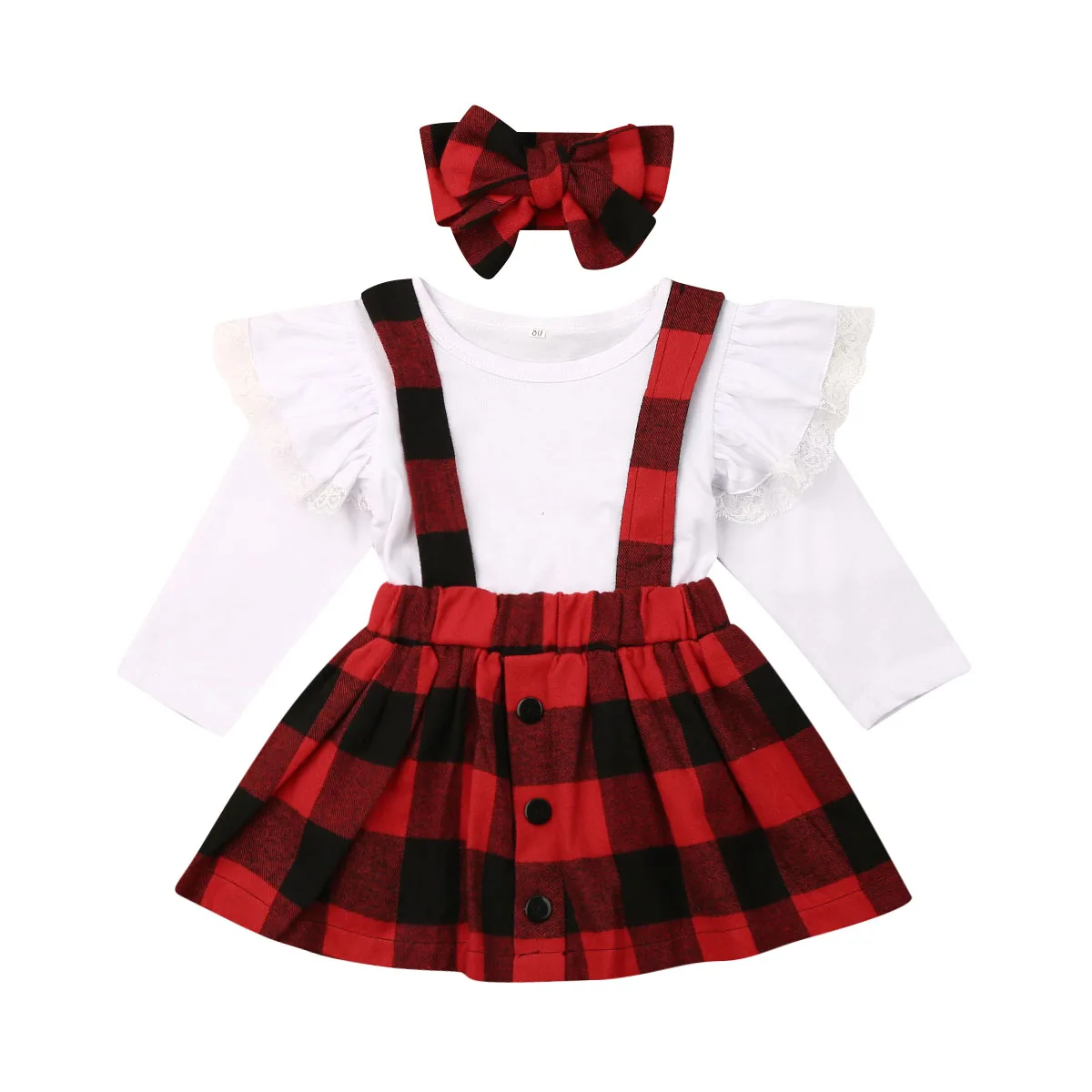 Осенняя одежда для маленьких девочек из 3 предметов, кружевные топы с рукавами-крылышками, клетчатая юбка на лямках, Рождественский комплект одежды