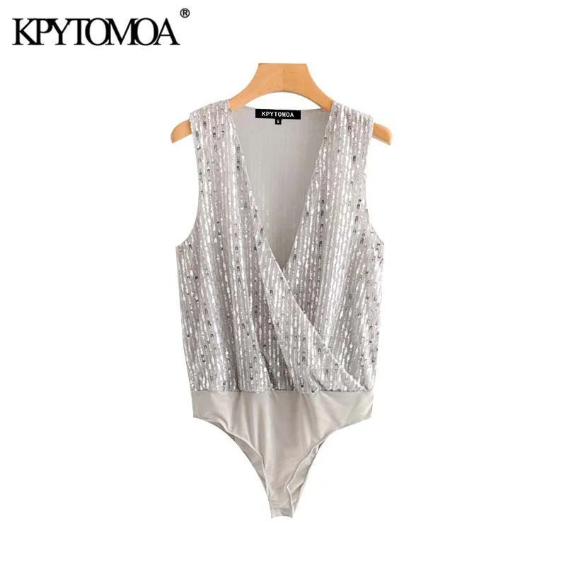 

Vintage Sexy Sequins Shiny Bodysuits Women 2020 Fashion Cross V Neck Sleeveless Party See Through Female Playsuits Chic Tops