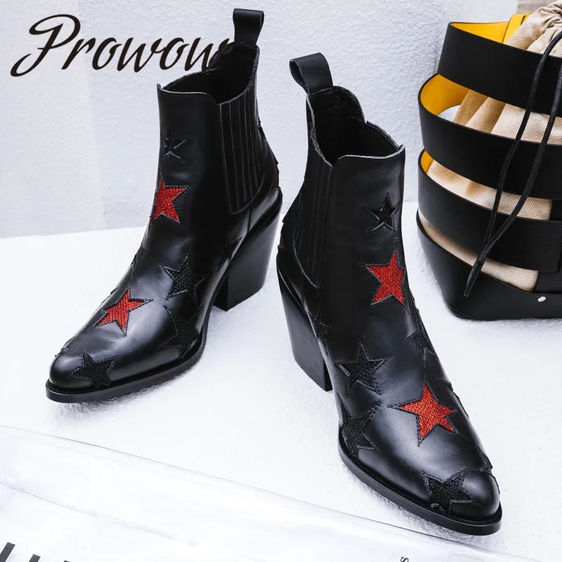 

Prowow New Genuine Leather Sexy Pointed Toe Ankle Boots Slip On Thick Heel Fashion Boots Shoes Women