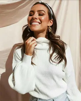 

Winter Sweaters Women White Sweater Autumn High Neck Long Sleeve Knit Sweaters Autumn Warm Undershirt Lantern Sleeve Pullover