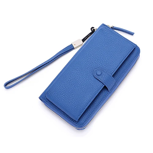 Blue COMFORSKIN, премиум класса, натуральная кожа, Женский кошелек на молнии, длинный, с рисунком личи, женский кошелек, многофункциональный кошелек для карт - Цвет: Blue