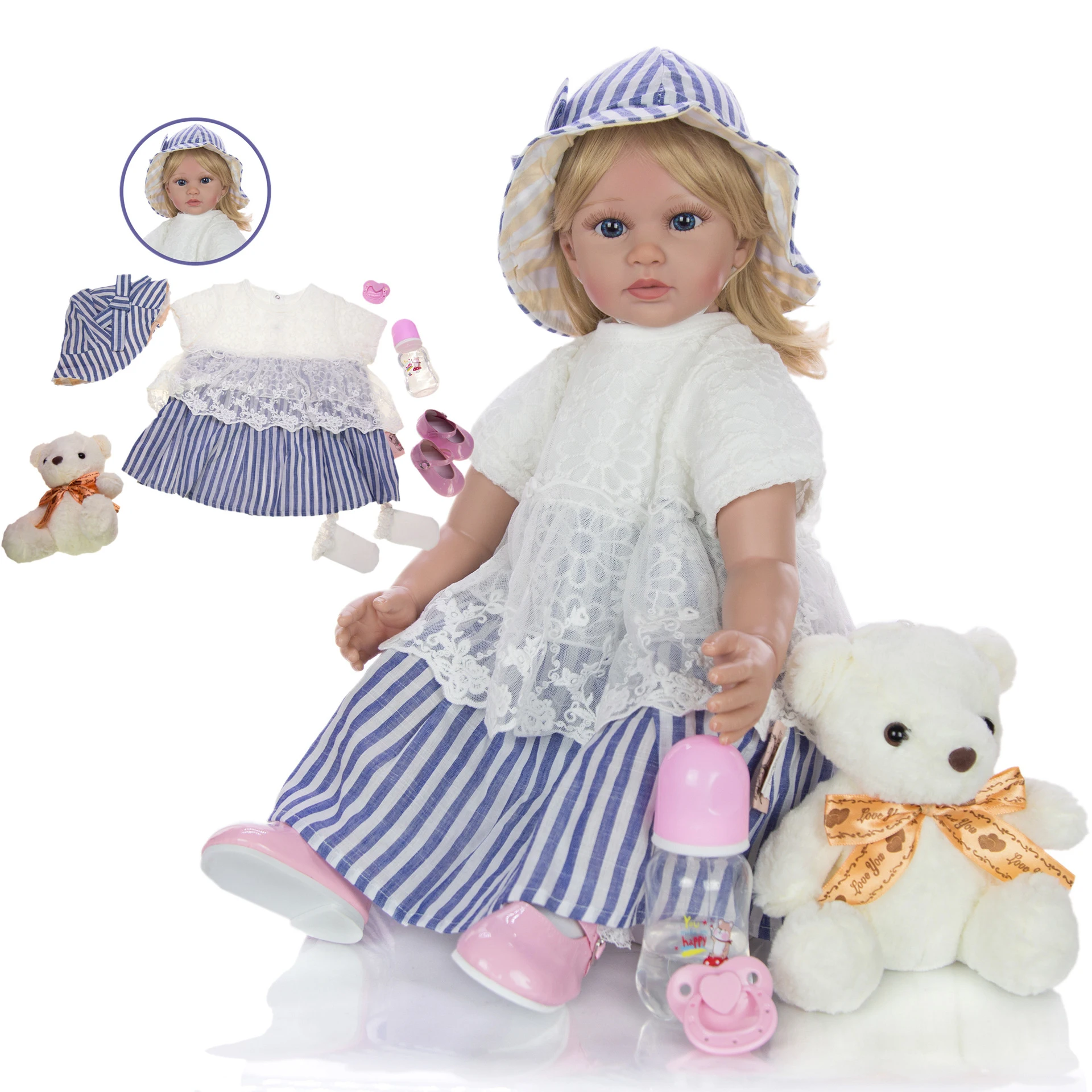 

Child Reborn gift soft Silicone Reborn Baby Dolls with cute hat Girl 58CM cotton body Realistic Toy Large costume model props