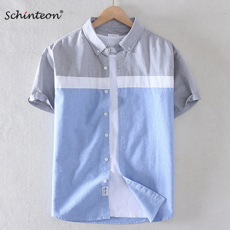 Cotton shirt men summer oxford short-sleeved smart casual slim patchwork turn-down collar
