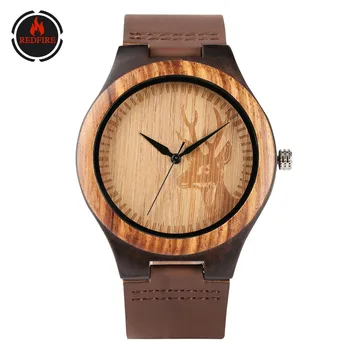 

REDFIRE Coffee Brown Genuine Leather Men Wood Watch Casual Etching Elk Head Display Round Dial Male Wristwatch Hot Clock Gifts